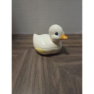 vintage glazed ceramic duck trinket dish with a lid, Farmhouse, Cottagecore